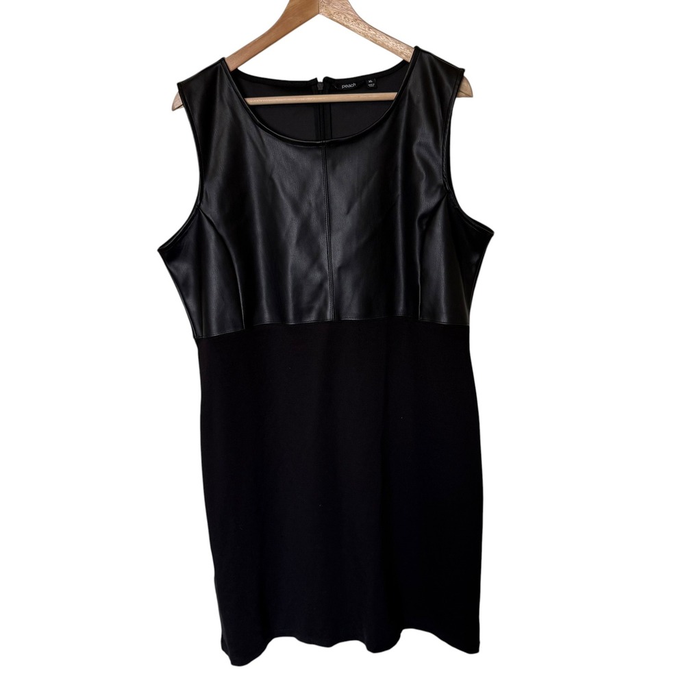 Peach Sheath Dress Women XL Black Excellent Faux Leather‎ Mixed Media Sleeveless